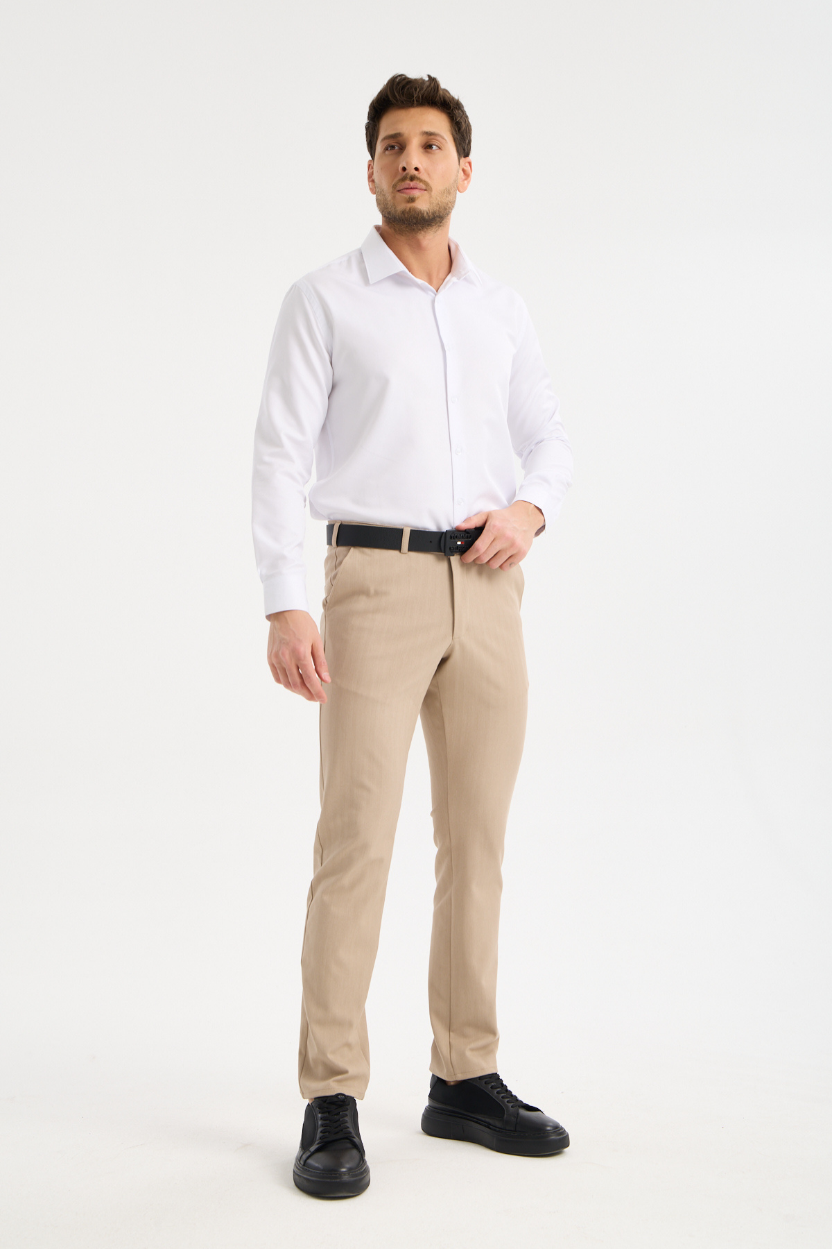 Slim Fit Likralı Çıtçıtlı Bej Erkek Klasik Pantolon 